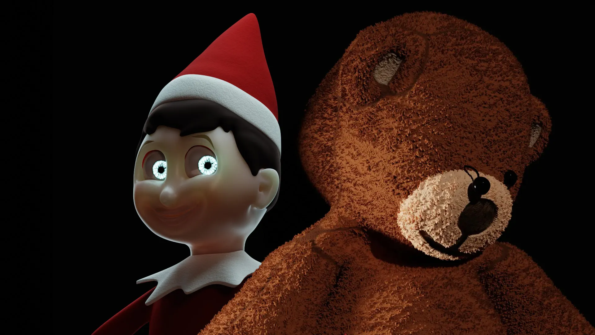 evil elf on a shelf and a dead teddy bear